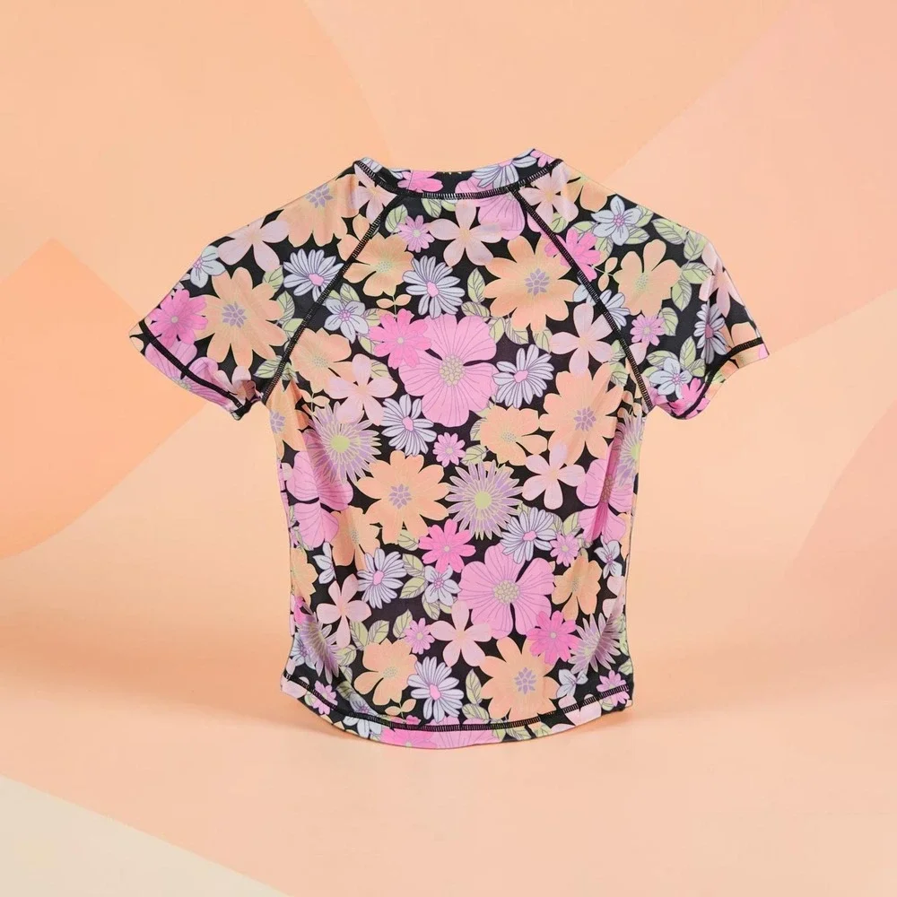 Wonder Nation Girls Floral Rash Guard Swim Top Pink Orange Purple Size L 10-12